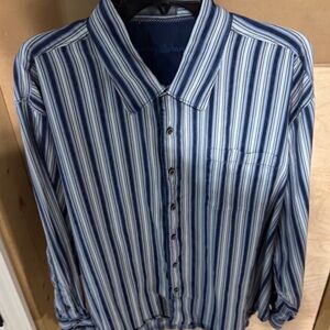 Tommy Bahama Blue, White and Navy Vertical Stripe Button-Down Shirt